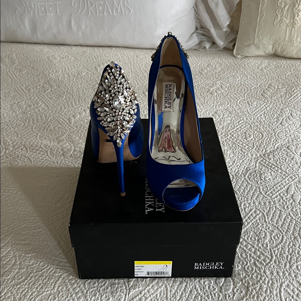 Badgley Mischka Cobalt Blue Satin Crystal-Embellished Peep-Toe Heels